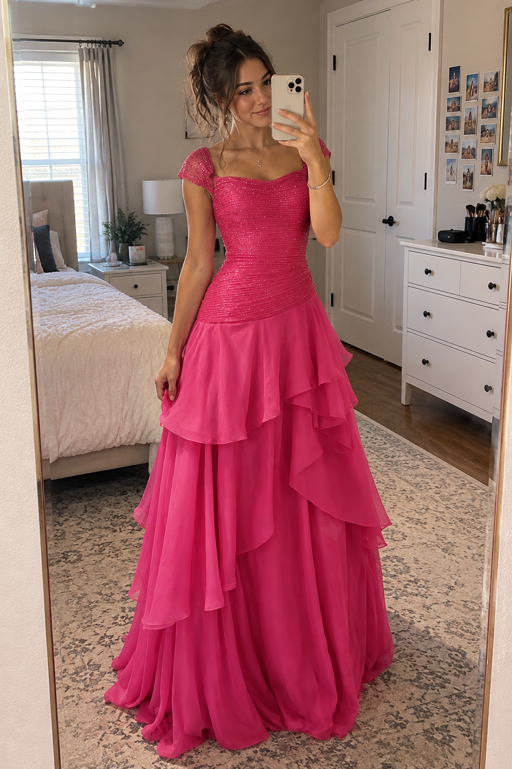 Boat Straps Sequin And Chiffon Tiered A-Line Evening Party Prom Dress