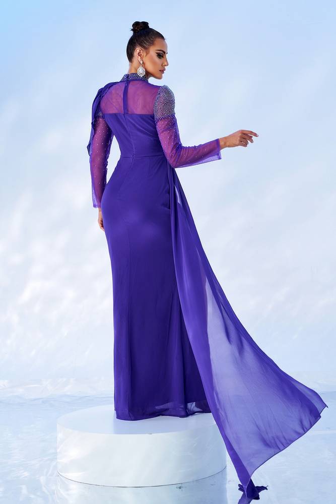 Bodycon High Neck Long Sleeves Beaded Evening Dress