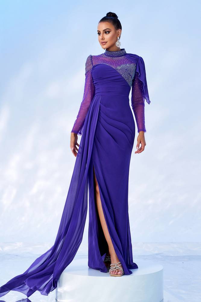 Bodycon High Neck Long Sleeves Beaded Evening Dress