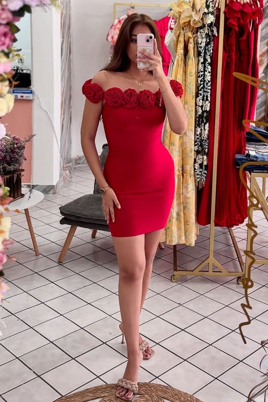 Bodycon Satin nOff-Shoulder With 3D Florals Homecoming Dress
