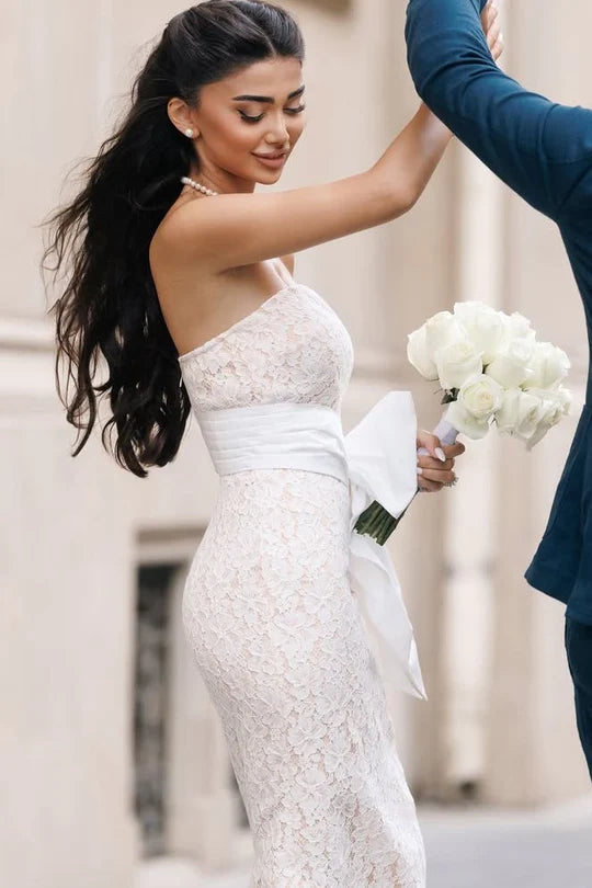 Bodycon Strapless Empire Lace Party Prom Dress With Bow