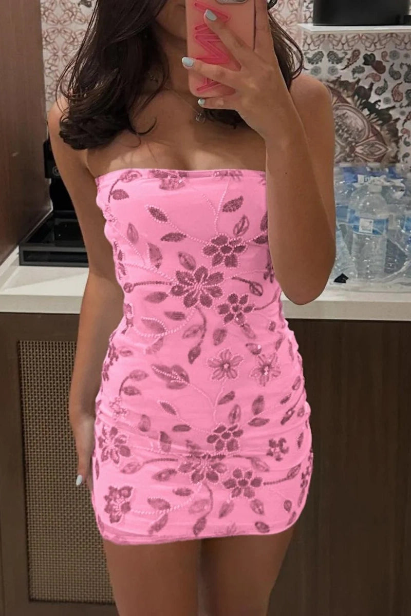 Bodycon Strapless Floral Appliques Mini Summer Homecoming Dress