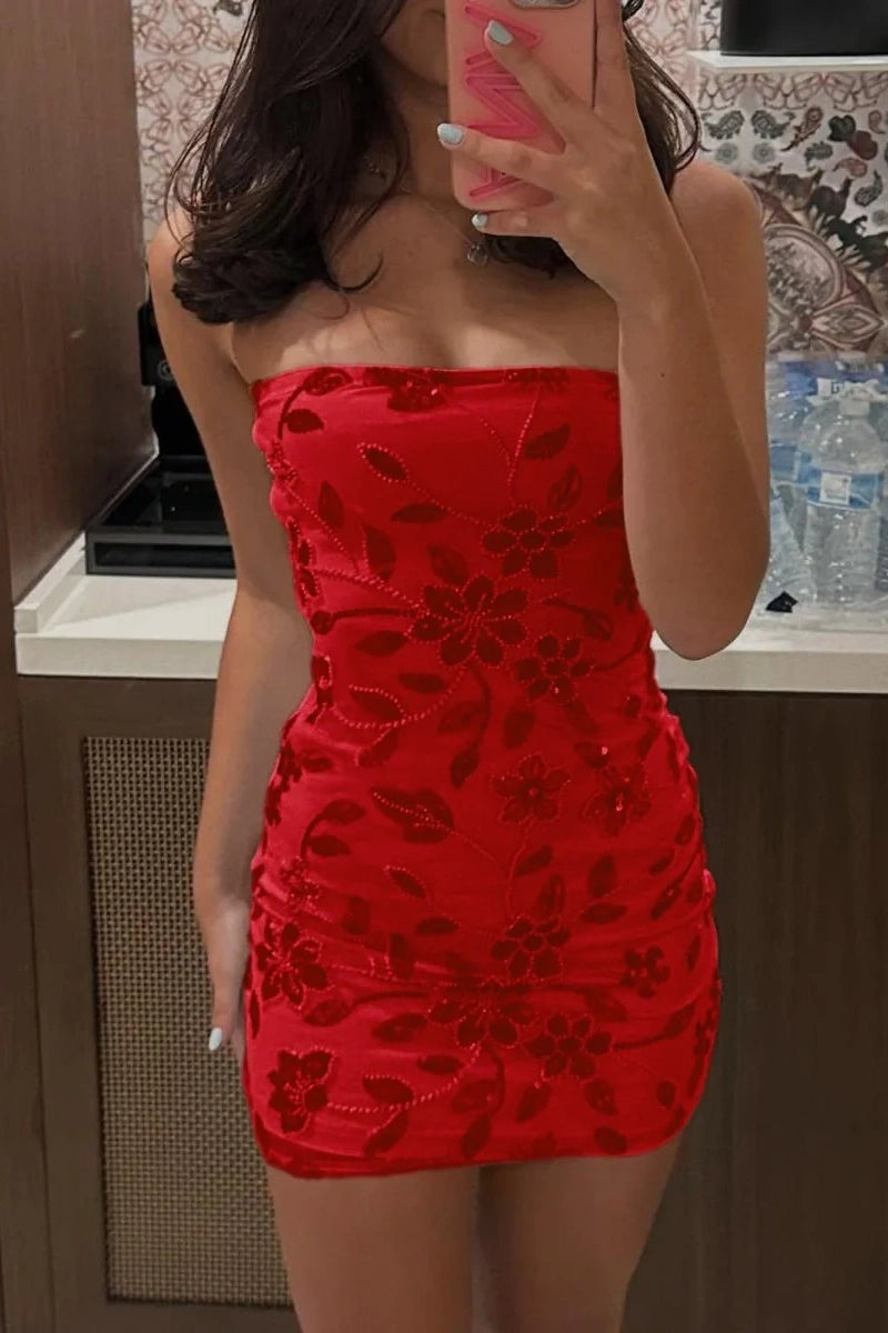 Bodycon Strapless Floral Appliques Mini Summer Homecoming Dress