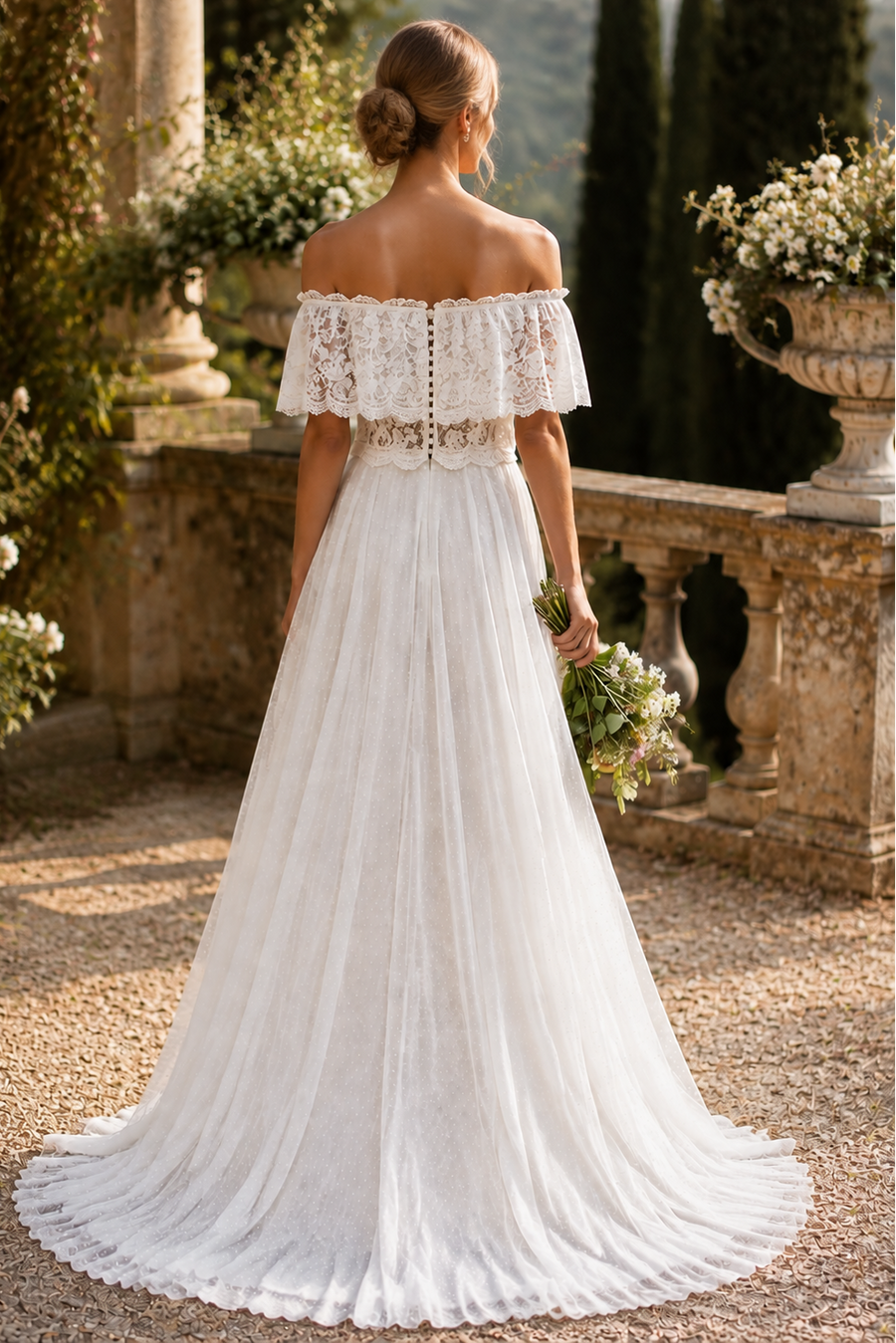 Bohemia A-Line Off-Shoulder Lace And Tulle Summer Wedding Dress