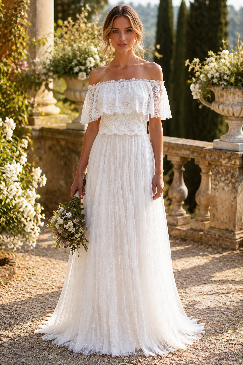 Bohemia A-Line Off-Shoulder Lace And Tulle Summer Wedding Dress