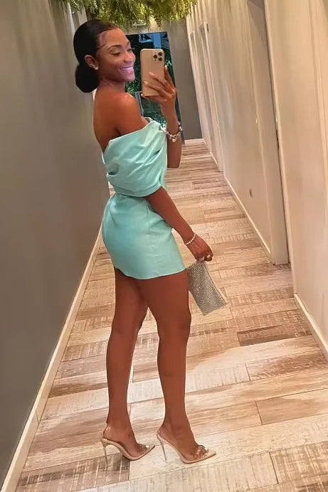 Bow Off-Shoulder Satin Fitted Empire Mini Party Homecoming Dress Picture Color / US 18 Bow Off-Shoulder Satin Fitted Empire Mini Party Homecoming Dress Picture Color / US 18