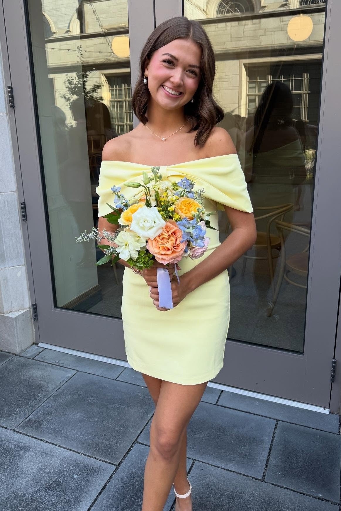 Bow Off-Shoulder Satin Fitted Empire Party Homecoming Dress