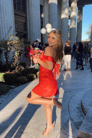 Bow Off-Shoulder Sleeveless Satin Short Homecoming Dress