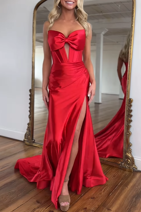 Bow Strapless Mermaid Party Prom Dress With Slit