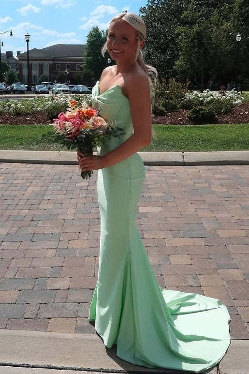 Bow Strapless Sleeveless Mermaid Satin Party Prom Dress With Train