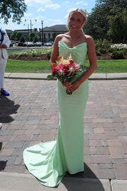 Bow Strapless Sleeveless Mermaid Satin Party Prom Dress With Train