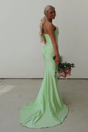 Bow Strapless Sleeveless Mermaid Satin Party Prom Dress With Train