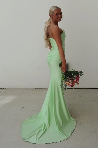 Bow Strapless Sleeveless Mermaid Satin Party Prom Dress With Train