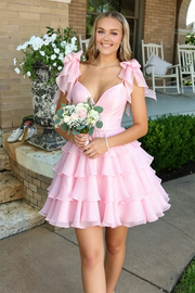 Bow Straps Chiffon A-Line Beaded Empire Tiered Homecoming Dress