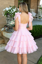 Bow Straps Chiffon A-Line Beaded Empire Tiered Homecoming Dress