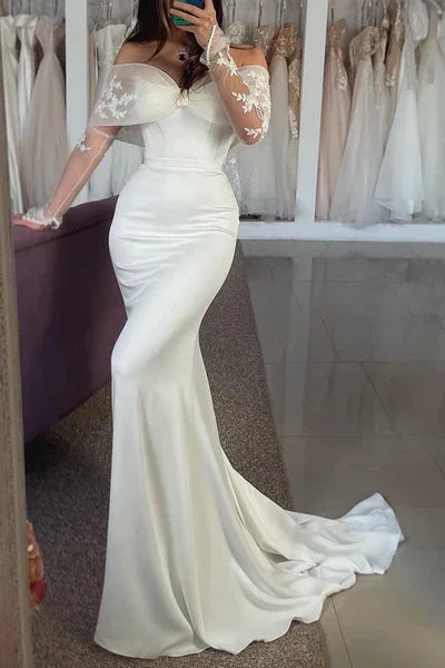 long sleeve trumpet wedding dress Off-Shoulder Long Sleeve Trumpet Appliques Beach Wedding Dress, Diamond White / 12