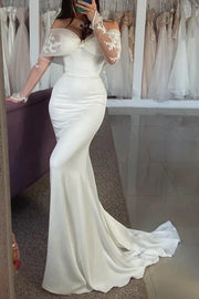 Bowknot Off-Shoulder Long Sleeves Trumpet Wedding Dress With Train