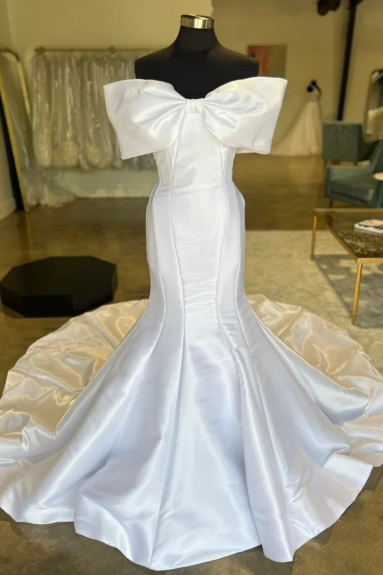 off the shoulder satin mermaid wedding dress Off Shoulder White Satin Mermaid One Sleeve Long Evening Prom Dresses, MarryLover