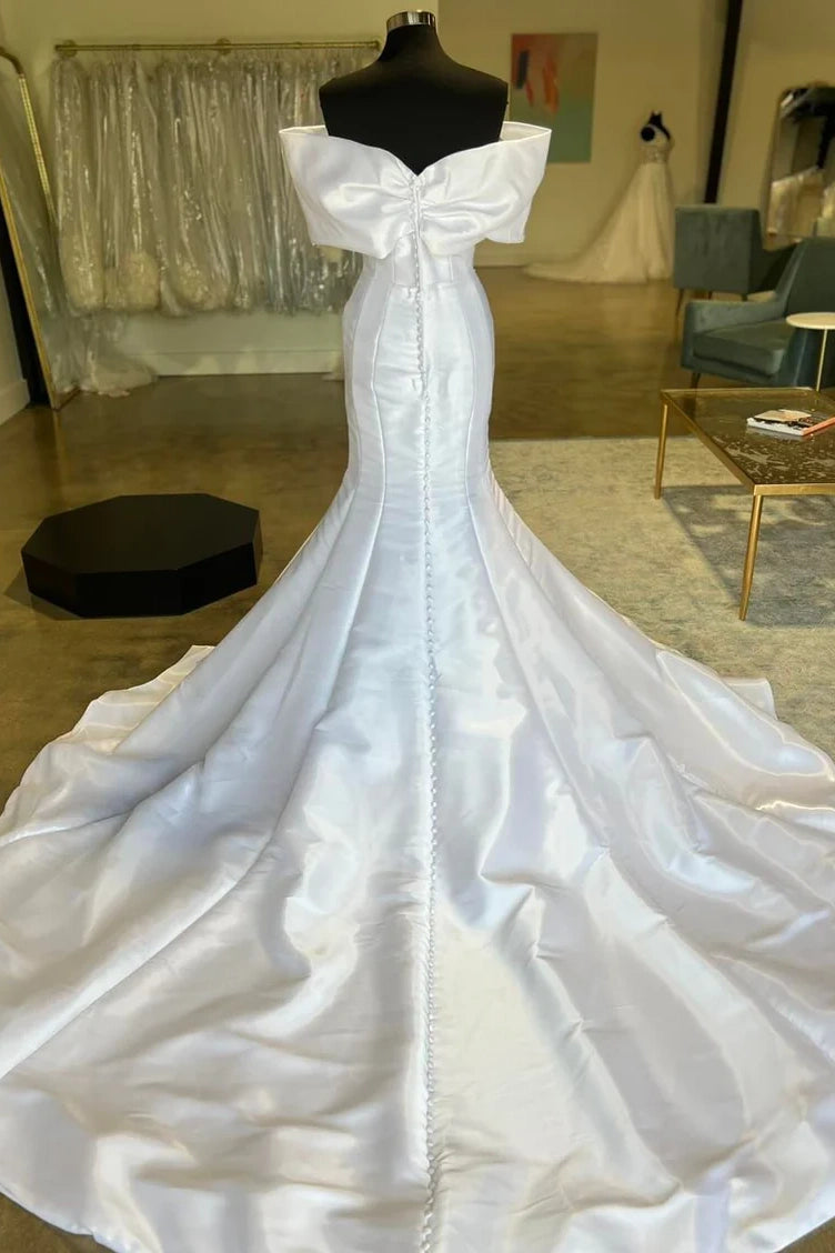 Bow Off-Shoulder Sleeveless Satin Mermaid Wedding Dress