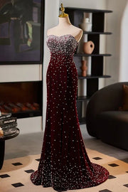 Burgundy Sweetheart Strapless Velvet Pearls Mermaid Party Prom Dress