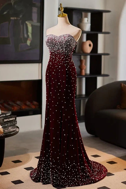 Burgundy Sweetheart Strapless Velvet Pearls Mermaid Party Prom Dress