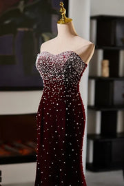 Burgundy Sweetheart Strapless Velvet Pearls Mermaid Party Prom Dress