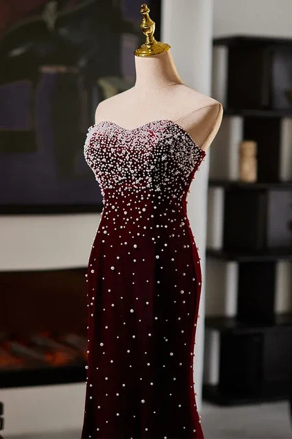 Burgundy Sweetheart Strapless Velvet Pearls Mermaid Party Prom Dress