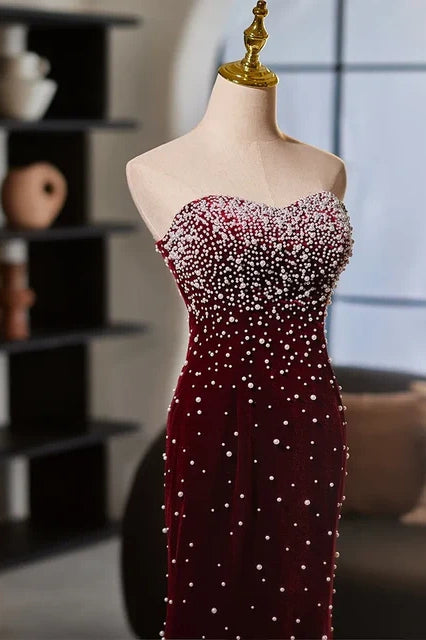 Burgundy Sweetheart Strapless Velvet Pearls Mermaid Party Prom Dress