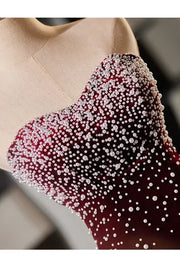 Burgundy Sweetheart Strapless Velvet Pearls Mermaid Party Prom Dress