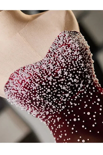 Burgundy Sweetheart Strapless Velvet Pearls Mermaid Party Prom Dress