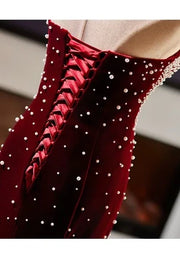 Burgundy Sweetheart Strapless Velvet Pearls Mermaid Party Prom Dress