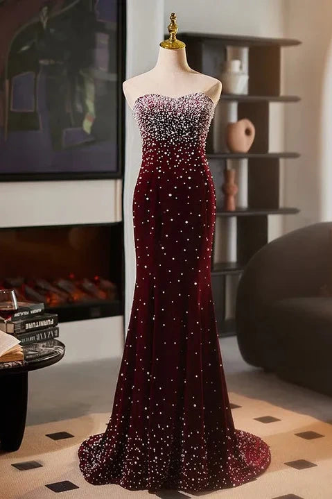 Burgundy Sweetheart Strapless Velvet Pearls Mermaid Party Prom Dress