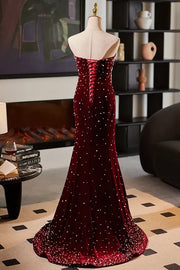 Burgundy Sweetheart Strapless Velvet Pearls Mermaid Party Prom Dress