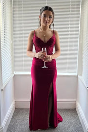 Burgundy V-Neck Sleeveless Lace Up Mermaid Party Prom Dress 