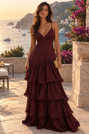 Burgundy V-Neck Sleeveless Satin A-Line Tiered Maxi Party Prom Dress