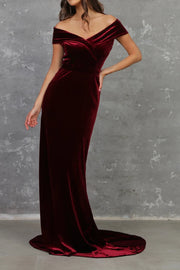 Burgundy Velvet Off-Shoulder Empire Mermaid Long Dress