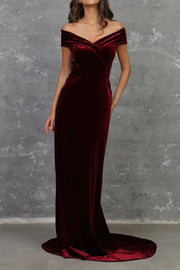 Burgundy Velvet Off-Shoulder Empire Mermaid Long Dress