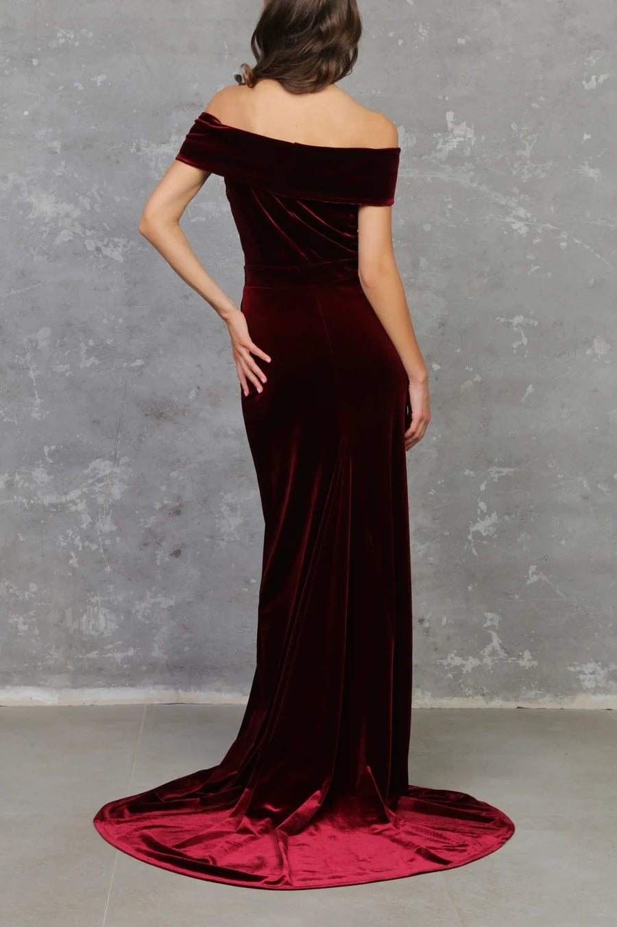 Burgundy Velvet Off-Shoulder Empire Mermaid Long Dress