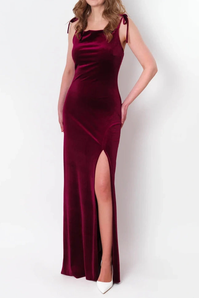 Burgundy Velvet Spaghetti Straps Empire Dress