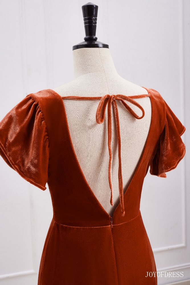 Burnt Orange Velvet Bridesmaid Dress with Flutter Sleeves Burnt Orange / US 10 Burnt Orange Velvet Bridesmaid Dress with Flutter Sleeves Burnt Orange / US 10