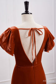 Burnt Orange Velvet Bridesmaid Dress with Flutter Sleeves back side close up shot