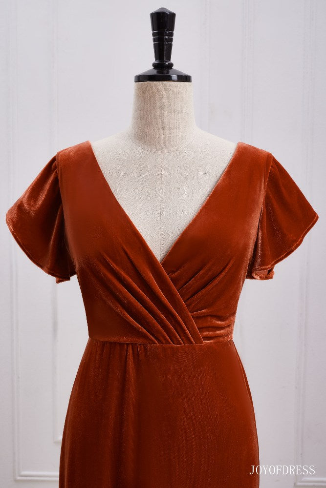 Burnt Orange Velvet Bridesmaid Dress with Flutter Sleeves close up shot front side on a doll