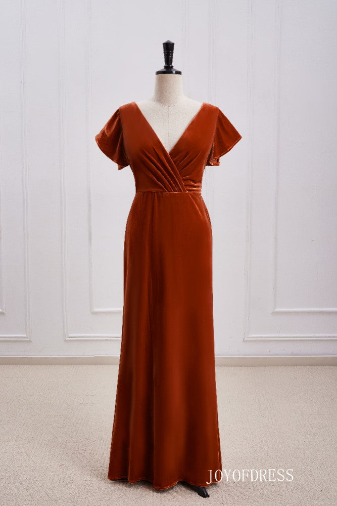 Burnt Orange Velvet Bridesmaid Dress with Flutter Sleeves full dress front side front side full shot