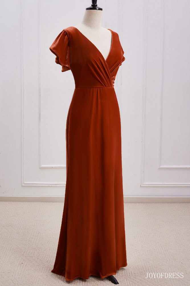 Burnt Orange Velvet Bridesmaid Dress with Flutter Sleeves Burnt Orange / US 10 Burnt Orange Velvet Bridesmaid Dress with Flutter Sleeves Burnt Orange / US 10