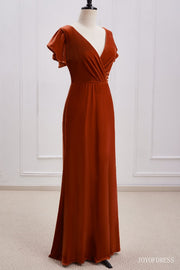 Burnt Orange Velvet Bridesmaid Dress with Flutter Sleeves full shot left side showing