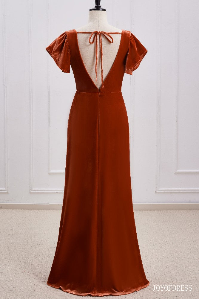 Burnt Orange Velvet Bridesmaid Dress with Flutter Sleeves full shot long dress