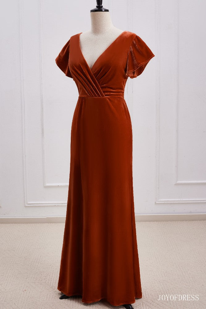 Burnt Orange Velvet Bridesmaid Dress with Flutter Sleeves long dress full shot right side 
