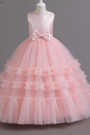 Candy Pink A-Line Scoop Sleeveless With Bow Flower Girl Dress