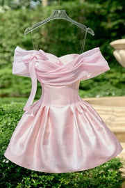 Candy Pink Satin A-Line Off-Shoulder Mini Homecoming Party Dress