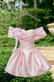 Candy Pink Satin A-Line Off-Shoulder Mini Homecoming Party Dress